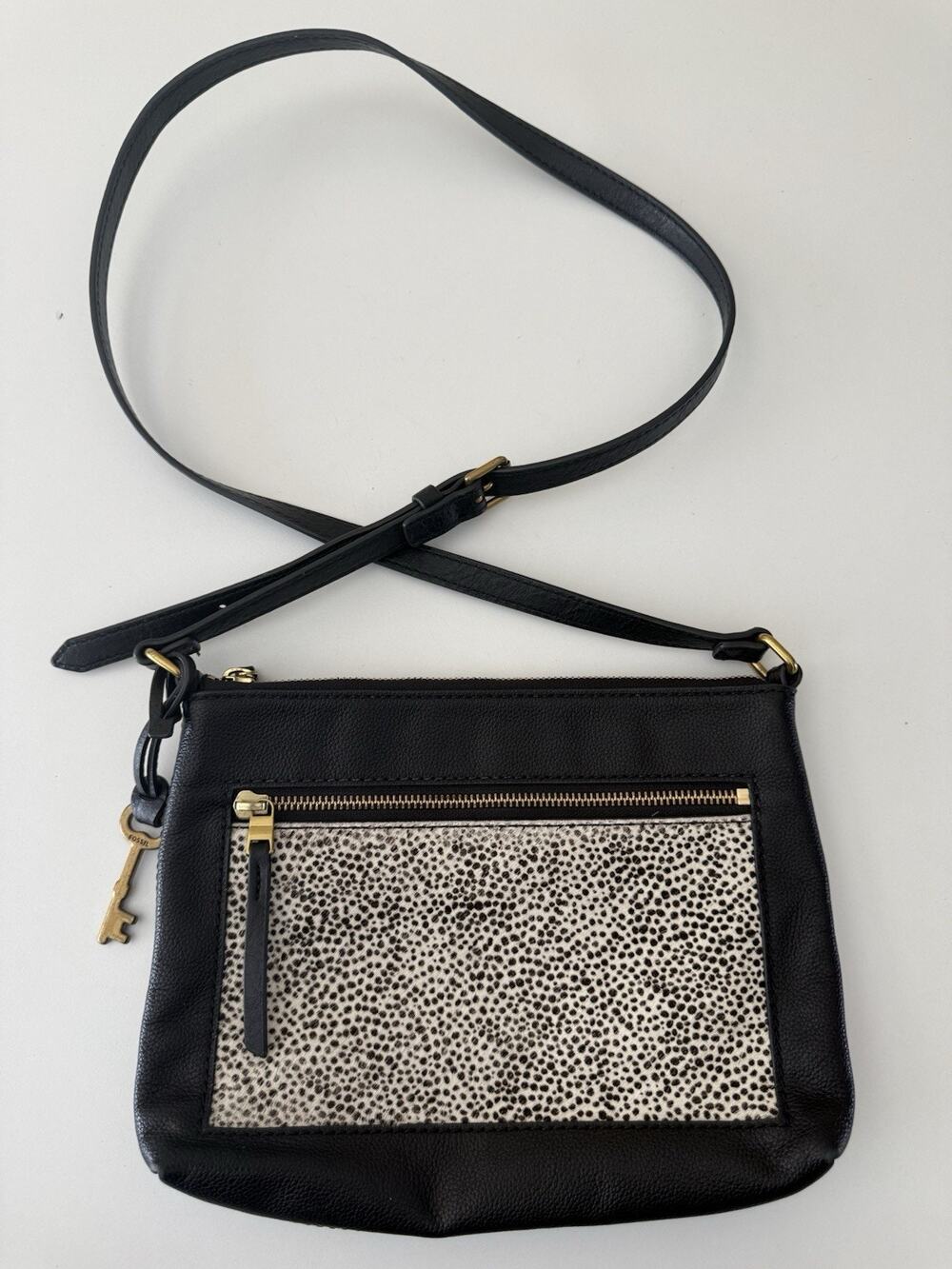 Fossil Fiona Crossbody Black Leather Animal Print Calf Fur Zip Top Bag Charm